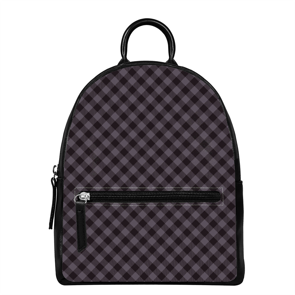 Grey Buffalo Plaid Pattern Print Leather Backpack