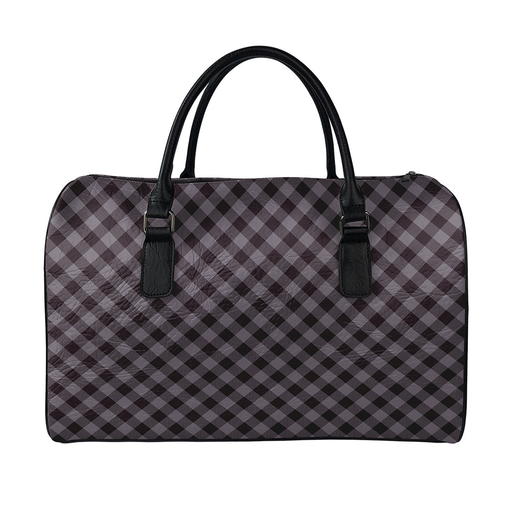 Grey Buffalo Plaid Pattern Print Leather Duffle Bag
