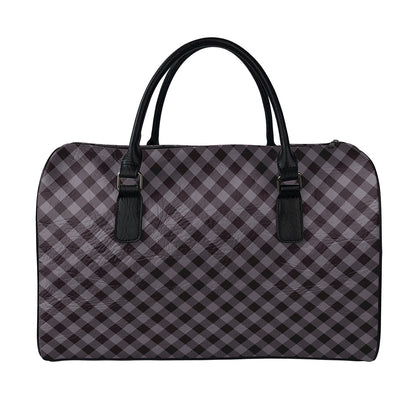 Grey Buffalo Plaid Pattern Print Leather Duffle Bag