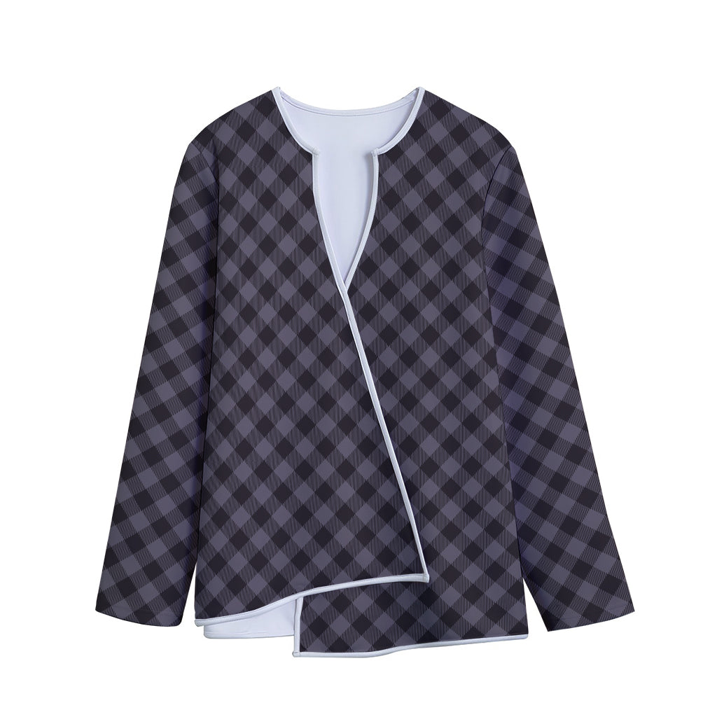 Grey Buffalo Plaid Pattern Print Long Sleeve Short Coat