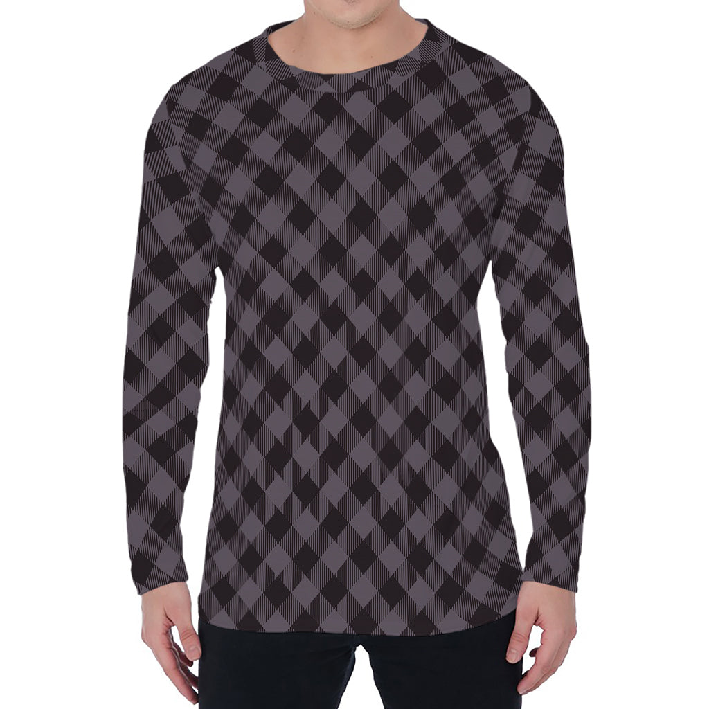Grey Buffalo Plaid Pattern Print Men's Long Sleeve T-Shirt