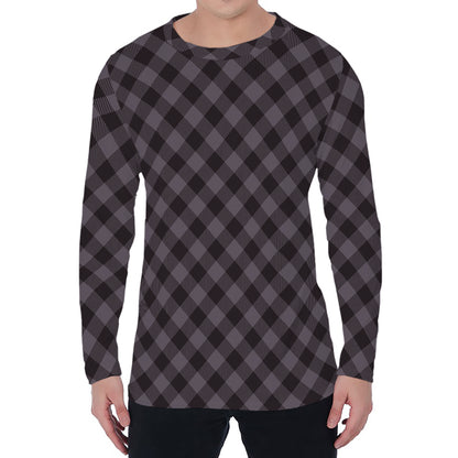 Grey Buffalo Plaid Pattern Print Men's Long Sleeve T-Shirt