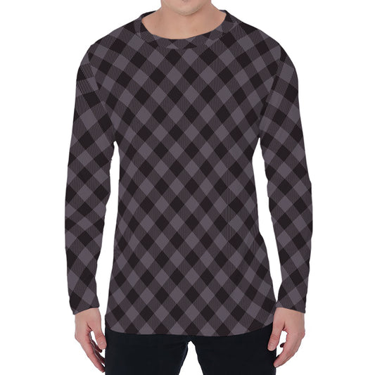 Grey Buffalo Plaid Pattern Print Men's Long Sleeve T-Shirt