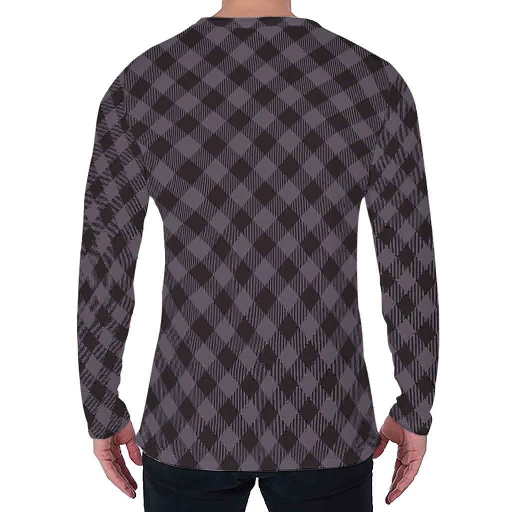 Grey Buffalo Plaid Pattern Print Men's Long Sleeve T-Shirt