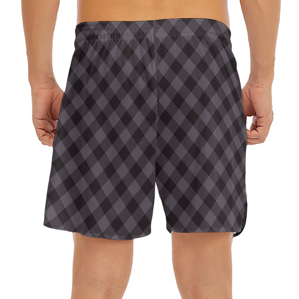 Grey Buffalo Plaid Pattern Print Men's Split Running Shorts