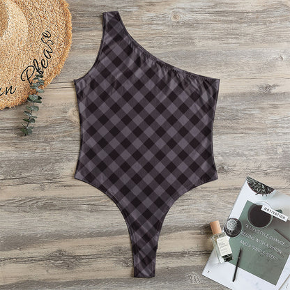 Grey Buffalo Plaid Pattern Print One Shoulder Bodysuit