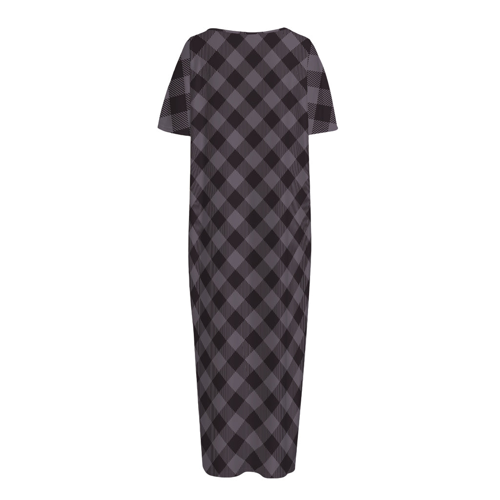 Grey Buffalo Plaid Pattern Print Short Sleeve Long Nightdress