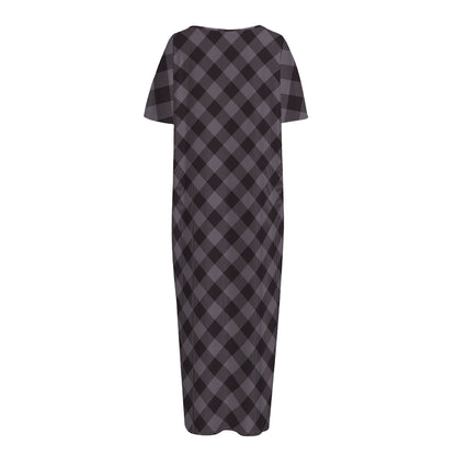 Grey Buffalo Plaid Pattern Print Short Sleeve Long Nightdress