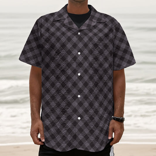 Grey Buffalo Plaid Pattern Print Textured Short Sleeve Shirt