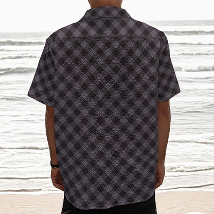 Grey Buffalo Plaid Pattern Print Textured Short Sleeve Shirt