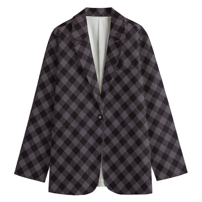 Grey Buffalo Plaid Pattern Print Women's Cotton Blazer