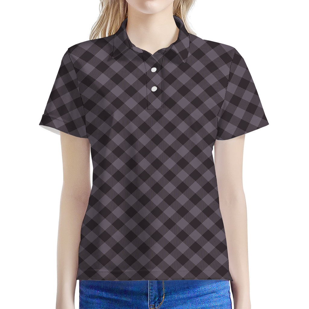Grey Buffalo Plaid Pattern Print Women's Polo Shirt