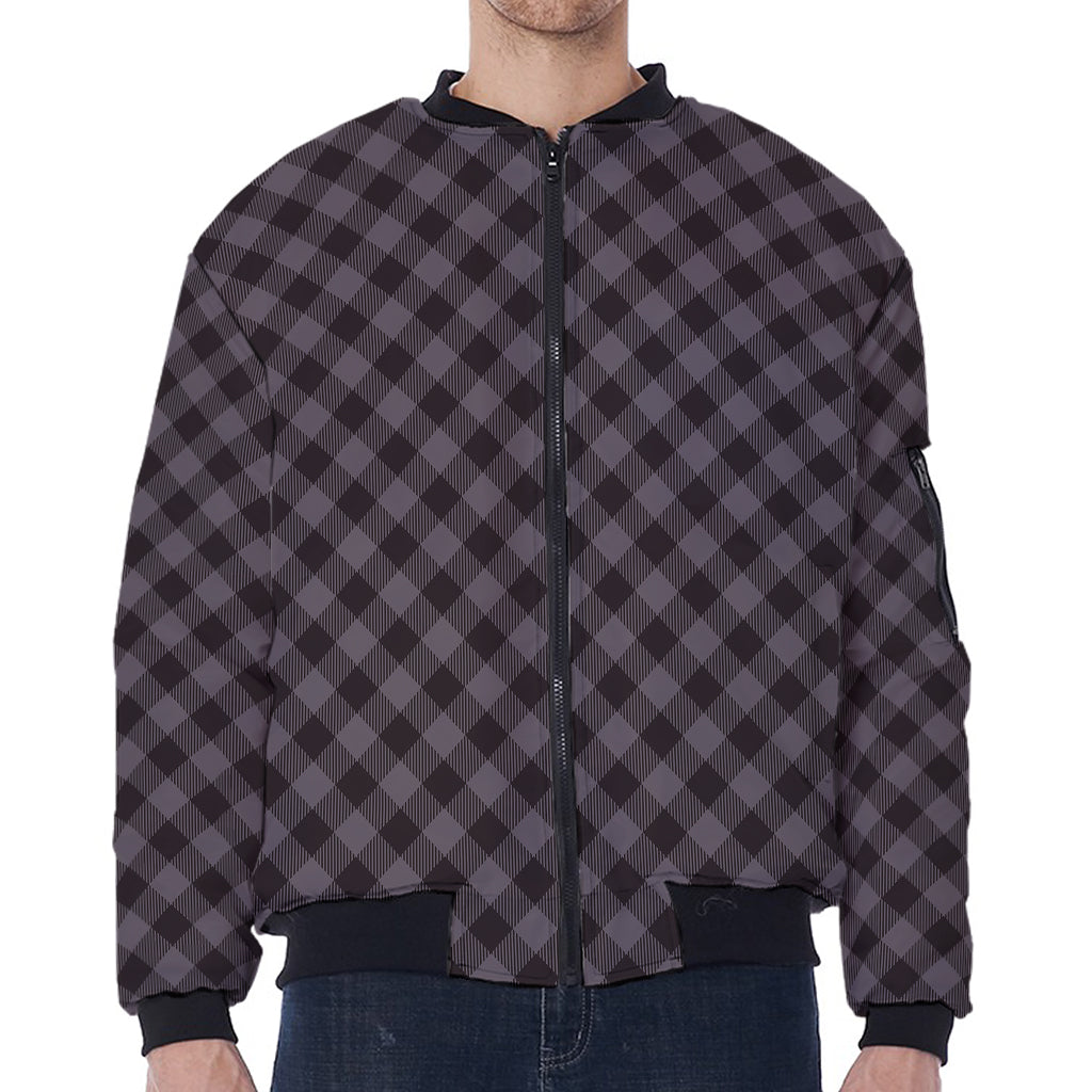 Grey Buffalo Plaid Pattern Print Zip Sleeve Bomber Jacket