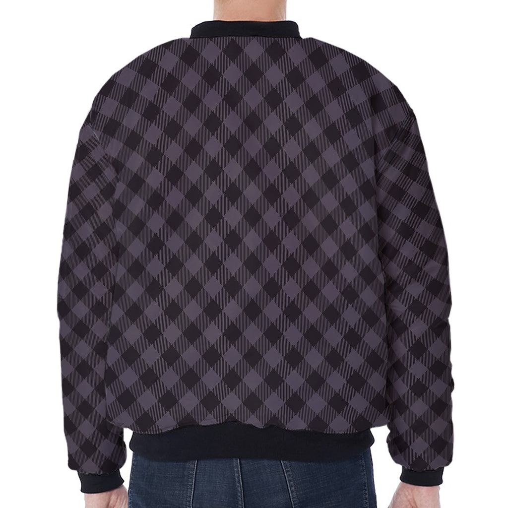 Grey Buffalo Plaid Pattern Print Zip Sleeve Bomber Jacket