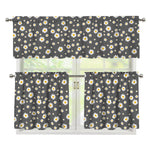 Grey Daisy Floral Pattern Print 3 Piece Kitchen Curtains