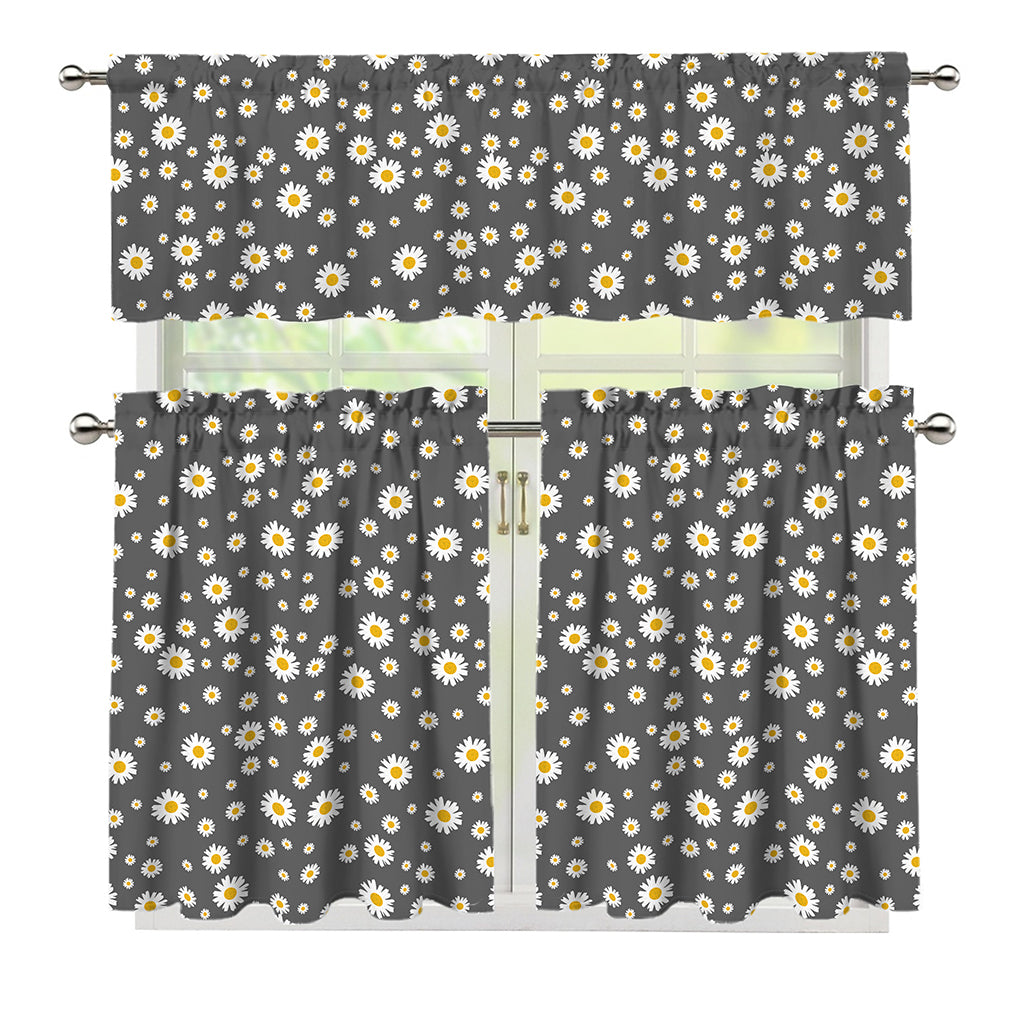 Grey Daisy Floral Pattern Print 3 Piece Kitchen Curtains