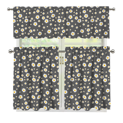 Grey Daisy Floral Pattern Print 3 Piece Kitchen Curtains