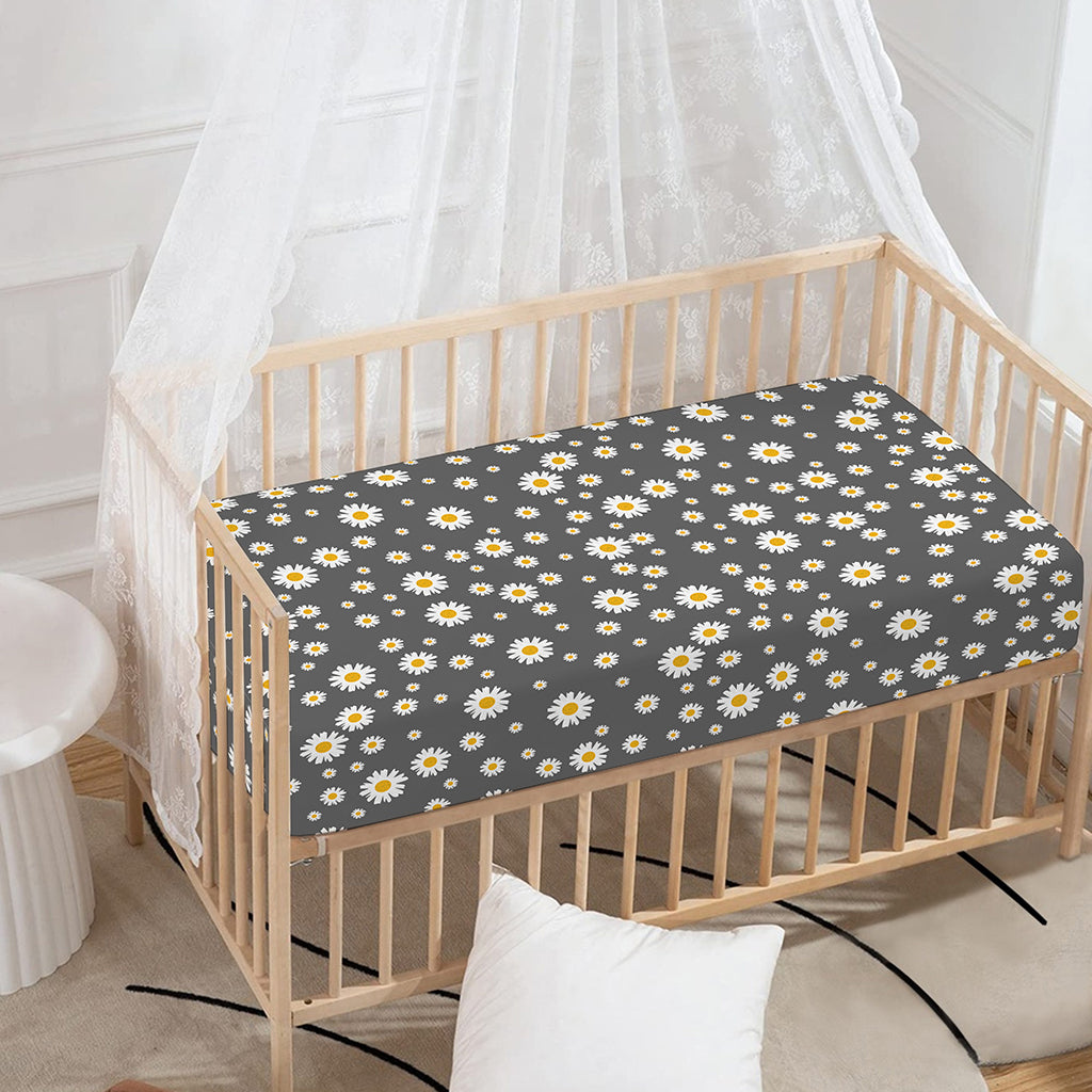 Grey Daisy Floral Pattern Print Baby Crib Sheet