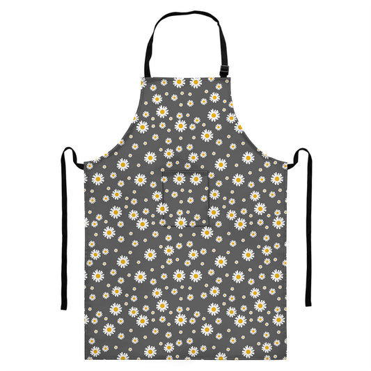 Grey Daisy Floral Pattern Print Bib Apron With Pocket