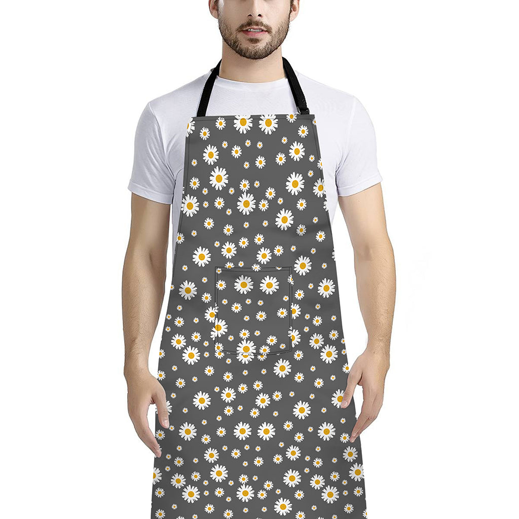 Grey Daisy Floral Pattern Print Bib Apron With Pocket