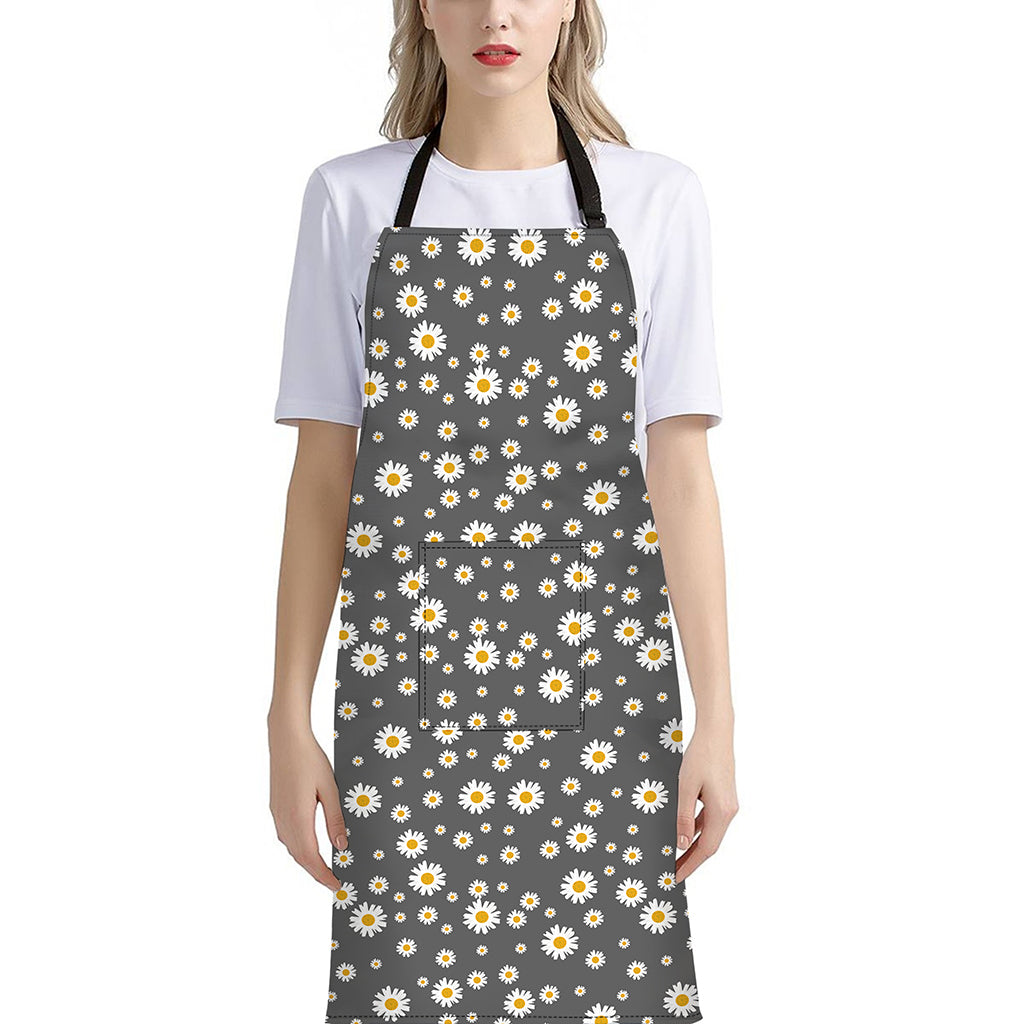 Grey Daisy Floral Pattern Print Bib Apron With Pocket