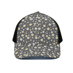 Grey Daisy Floral Pattern Print Black Mesh Trucker Cap