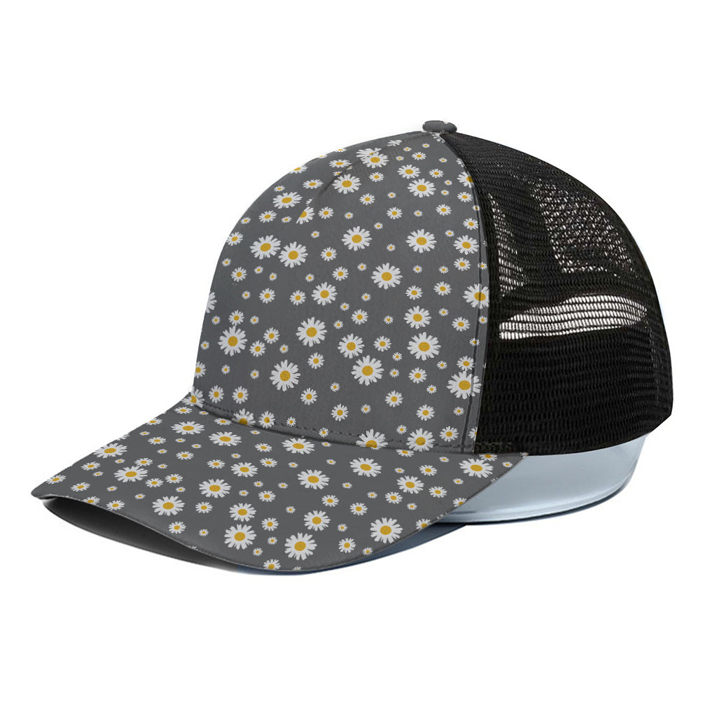 Grey Daisy Floral Pattern Print Black Mesh Trucker Cap