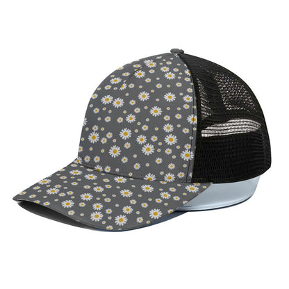Grey Daisy Floral Pattern Print Black Mesh Trucker Cap