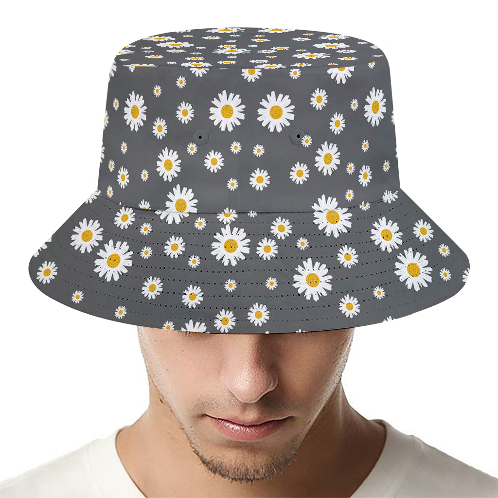 Grey Daisy Floral Pattern Print Bucket Hat