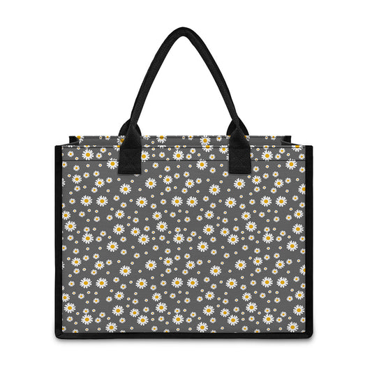 Grey Daisy Floral Pattern Print Canvas Tote Bag