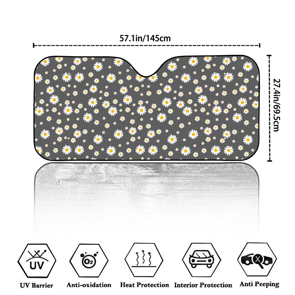 Grey Daisy Floral Pattern Print Car Windshield Sun Shade