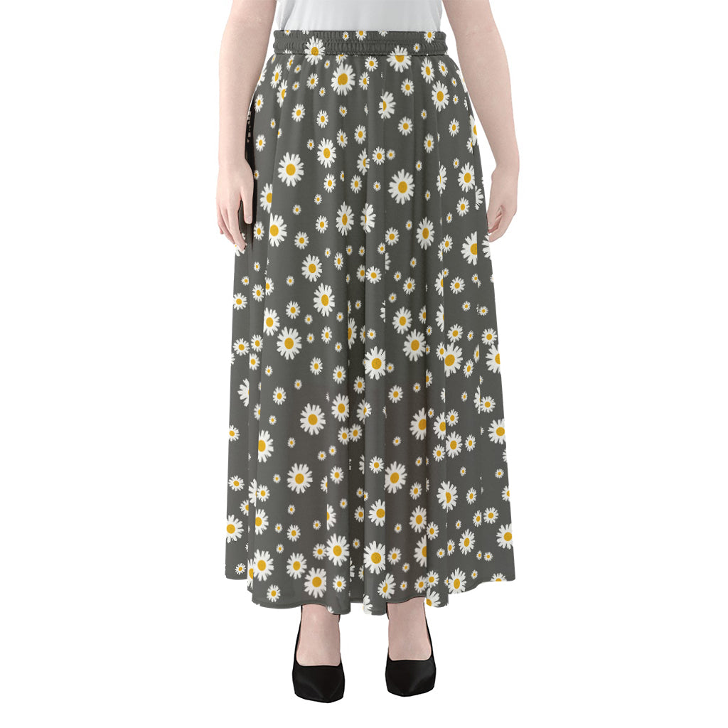 Grey Daisy Floral Pattern Print Chiffon Maxi Skirt