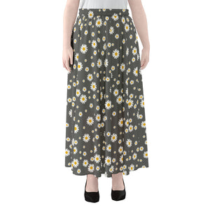 Grey Daisy Floral Pattern Print Chiffon Maxi Skirt