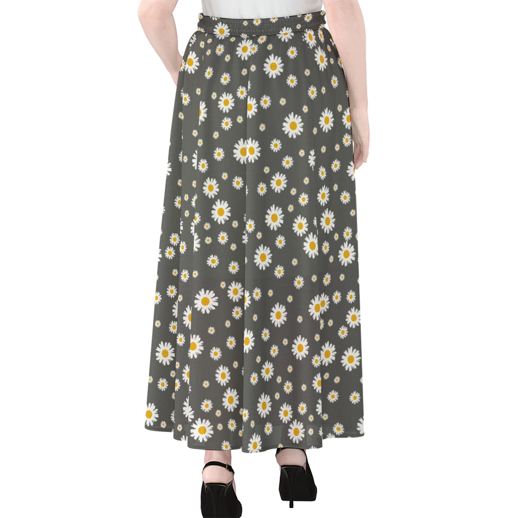 Grey Daisy Floral Pattern Print Chiffon Maxi Skirt