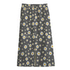 Grey Daisy Floral Pattern Print Cotton Front Slit Maxi Skirt