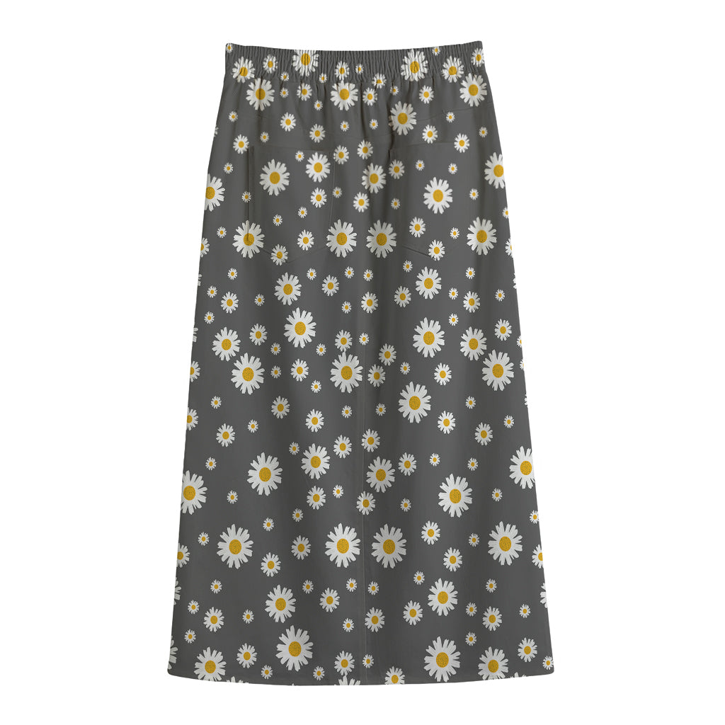 Grey Daisy Floral Pattern Print Cotton Front Slit Maxi Skirt