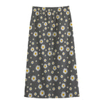 Grey Daisy Floral Pattern Print Cotton Front Slit Maxi Skirt