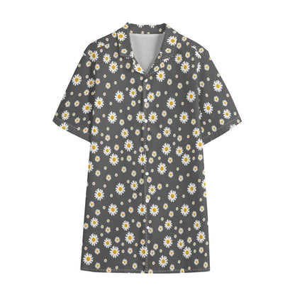 Grey Daisy Floral Pattern Print Cotton Hawaiian Shirt
