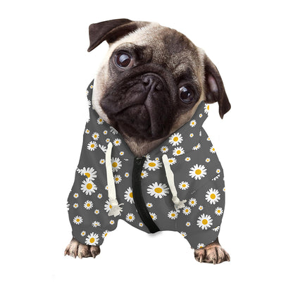 Grey Daisy Floral Pattern Print Dog Zip Up Hoodie