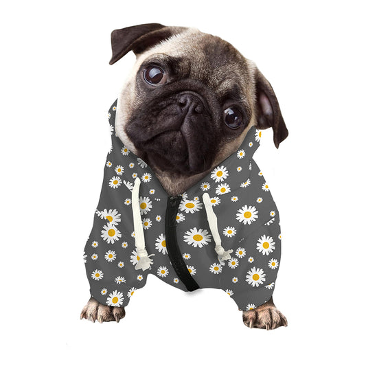 Grey Daisy Floral Pattern Print Dog Zip Up Hoodie