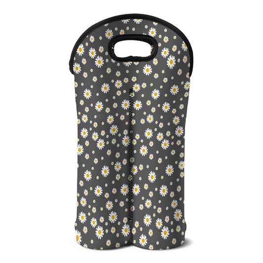 Grey Daisy Floral Pattern Print Double Neoprene Wine Tote