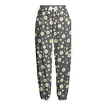 Grey Daisy Floral Pattern Print Fleece Lined Knit Pants
