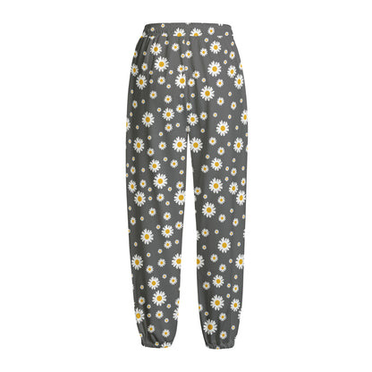 Grey Daisy Floral Pattern Print Fleece Lined Knit Pants