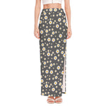 Grey Daisy Floral Pattern Print High Slit Maxi Skirt