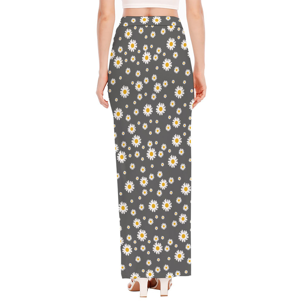 Grey Daisy Floral Pattern Print High Slit Maxi Skirt