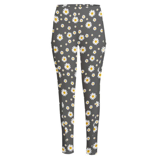 Grey Daisy Floral Pattern Print High-Waisted Pocket Leggings