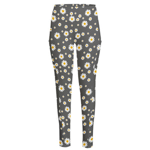 Grey Daisy Floral Pattern Print High-Waisted Pocket Leggings