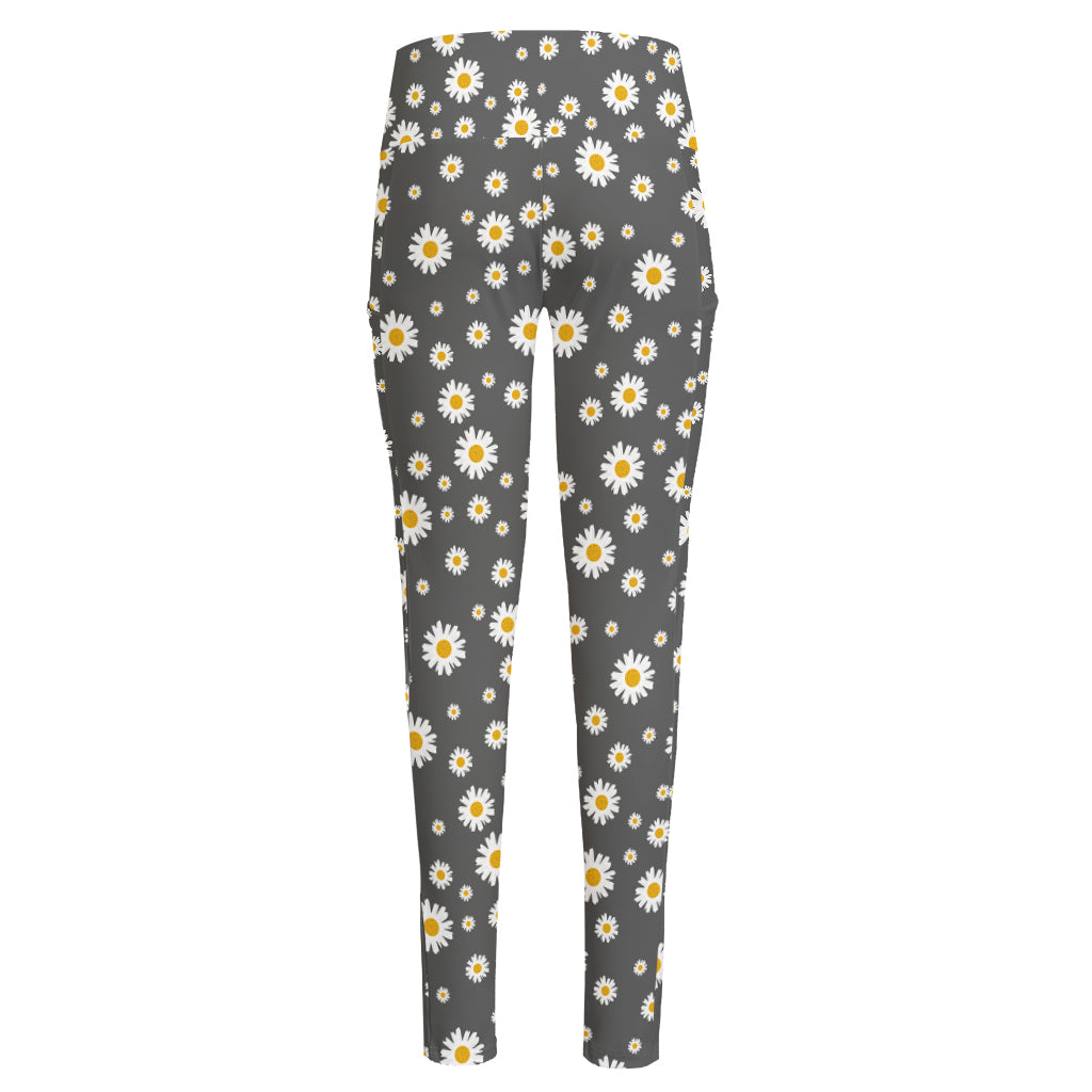 Grey Daisy Floral Pattern Print High-Waisted Pocket Leggings