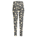 Grey Daisy Floral Pattern Print High-Waisted Pocket Leggings