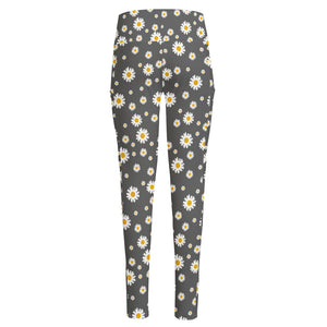 Grey Daisy Floral Pattern Print High-Waisted Pocket Leggings